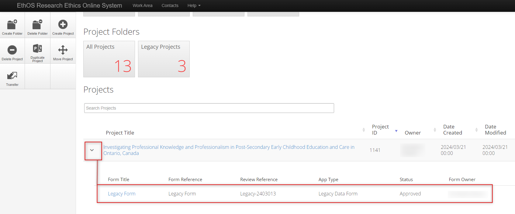 Screen shot of an EthOS Project List showing a legacy form underneath a project once you expand the drop down arrow.