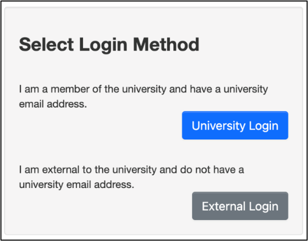 Two login methods are featured; university login and external login.