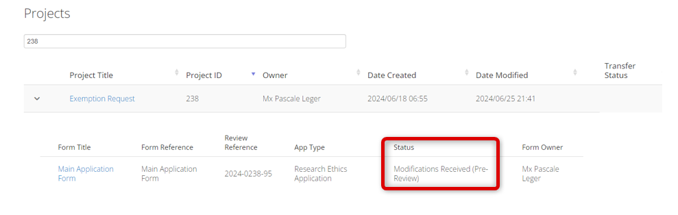 Screen shot of a Project with the status highlighted showing Modifications Requested (Pre-Review) status.