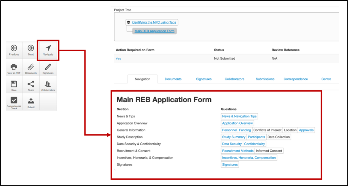 This highlights that the Navigate tile, when clicked shows the different sections of the application form