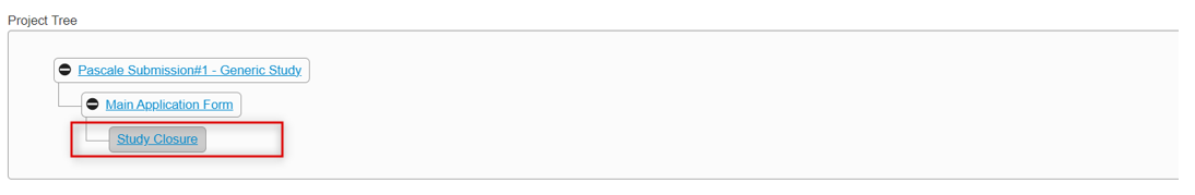 Screen shot of the Study Closure showing as a subform in a Project Tree.