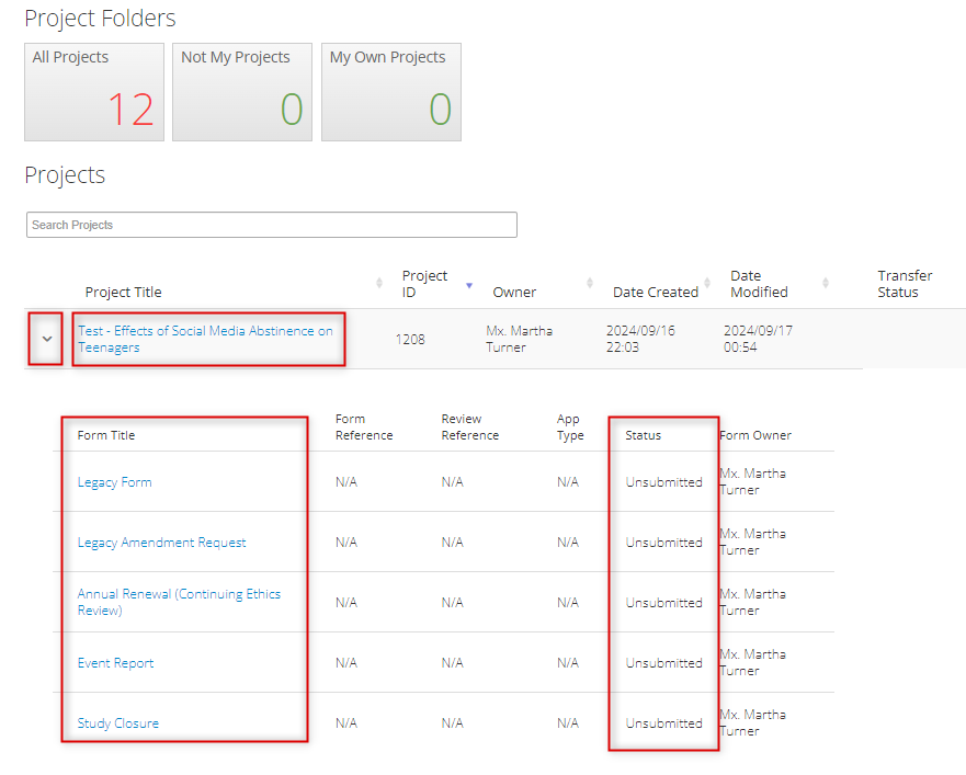 Screen shot of an expanded Project and subforms listed below it with the status and form titles highlighted.