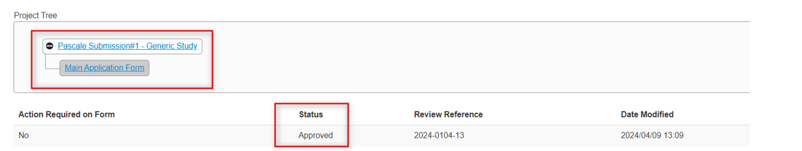 Screen shot of a Project Tree with a main application form highlighted and the status showing as Approved.