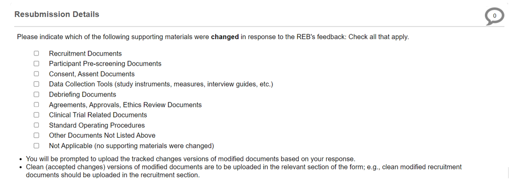 Screen shot of the Resubmission Details list that appears at the end of the response to REB feedback form.