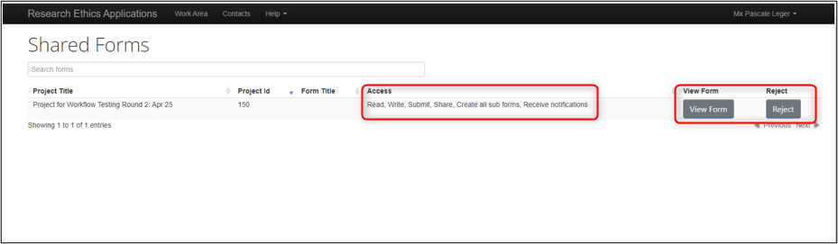 Shared Forms, highlights the access available as well as the View Form button and Reject button.