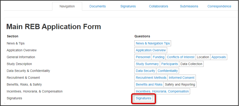 A box that highlights the Signatures button.