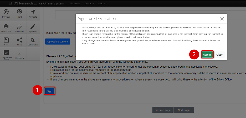 The first step highlights the Sign button. After that is clicked, a prompt appears, Signature Declaration. At the bottom of the prompt, the second step highlights the Accept button.