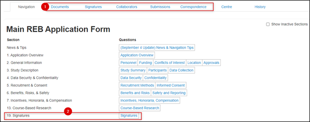 Screen shot of the first page of an EthOS main form with the tabs across the top and the signature section highlighted.