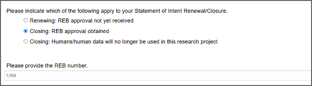screenshot showing the selection of a closing option (REB approval obtained)