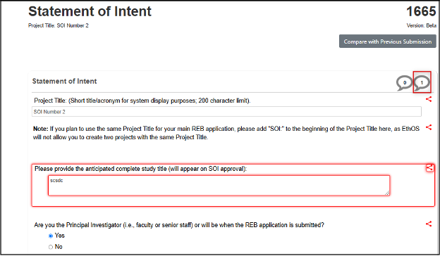 screenshot of SOI form, highlighting comment icon