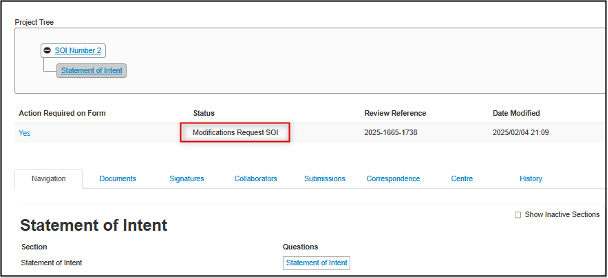 screenshot highlighting Modifications Request SOI status