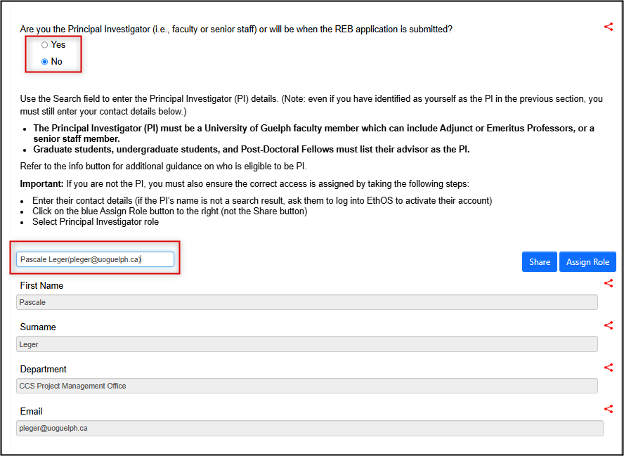 screenshot showing Principal Investigator selection