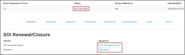 screenshot showing SOI renewal/closure pages