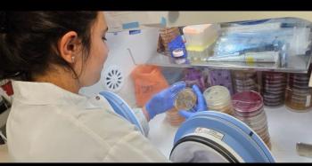 A researcher seated in front of samples