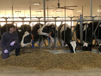 A man posing in front of cows in stalls while they eat grains