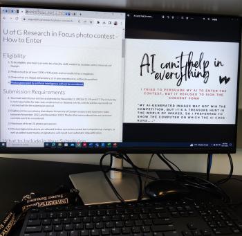 A computer monitor showing, on the left, the rules to the photo contest and, on the right, a note about how AI can't help in everything. 