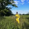 A man wearing a yellow safety suit and mask standing in tall grass