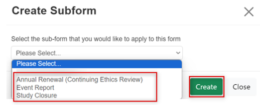 Screen shot of the Create Sub Form button dialog box and the drop down list choices and the create button.