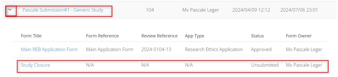 Screen shot of the Project Title with the drop-down arrow expanded to show a Study Closure ‘child’ and the status selected.