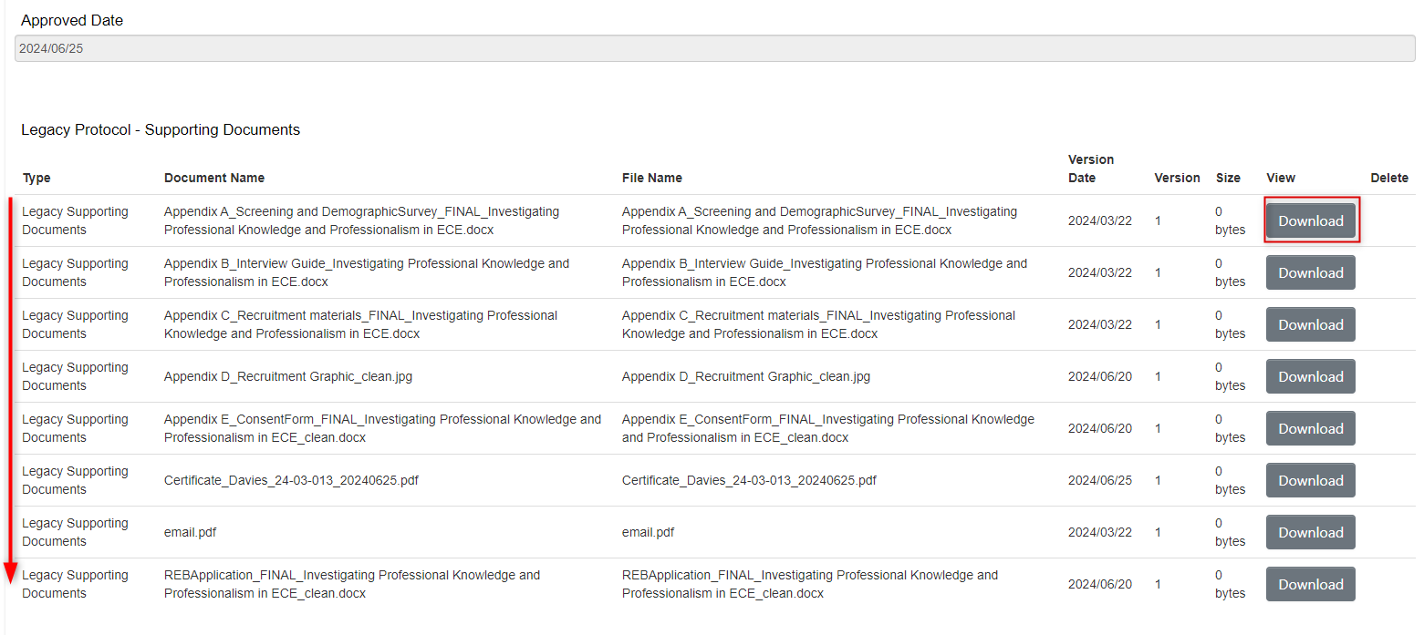 Screen shot of the bottom part of a Legacy form with all the documents listed and the download button for each.
