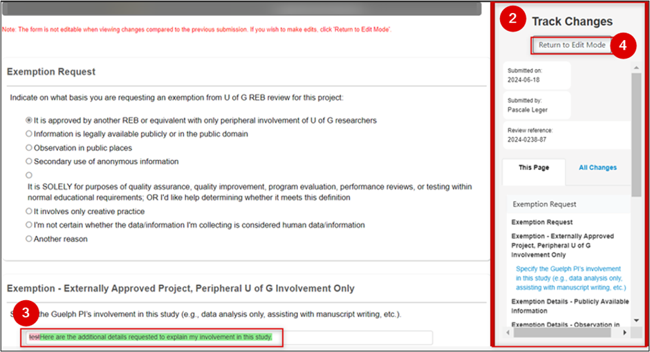 Screen shot of an EthOS Track Changes panel and pink and green text to show changes between the current and previous version.