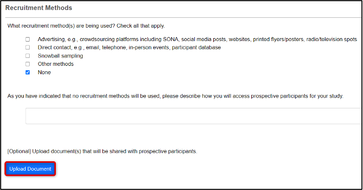 This prompts the user to select what Recruitment methods are being used. There is Advertising, Direct contact, Snowball snapping, Other methods and None. None is selected. At the bottom of the prompt, a box highlights the Upload Document button.