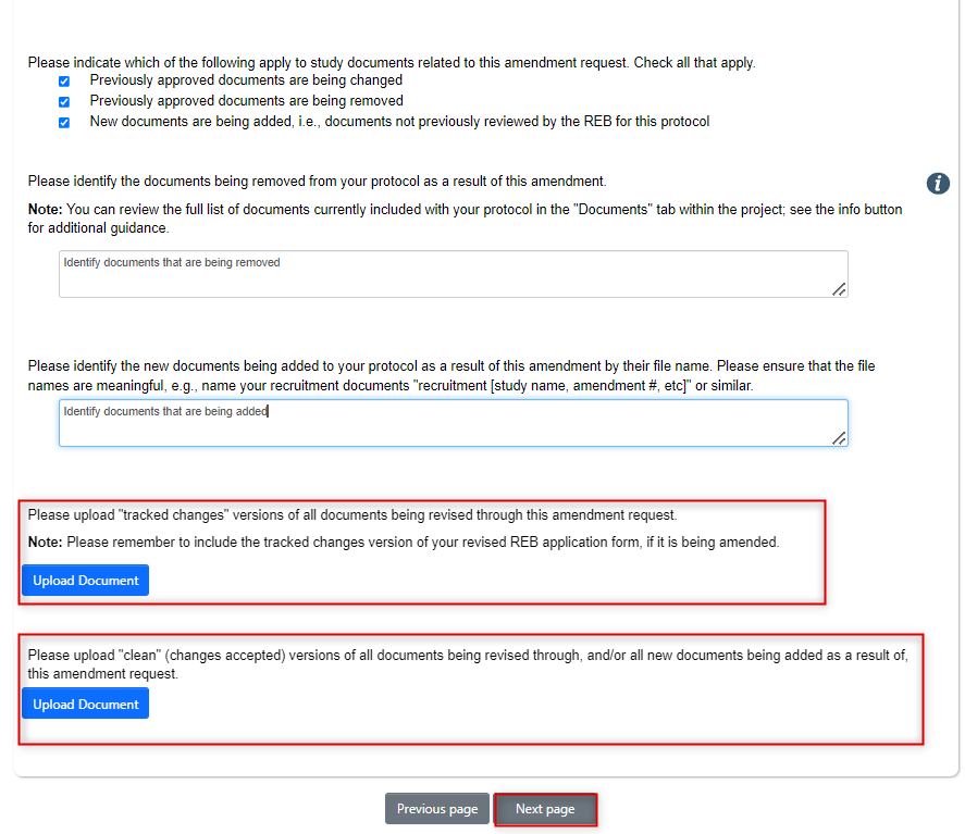 Screen shot of the last page of the legacy amendment request form with upload documents area and next page button highlighted.