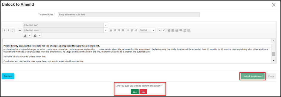 Screen shot of the bottom section of the Unlock to Amend form with the Are you Sure Yes or No buttons highlighted.