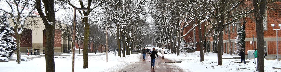 Students walking on Reynold Walk in the winter