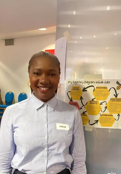 student standing in front of brainstorming poster