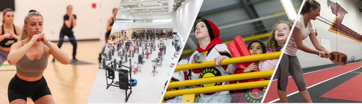 Collage of people enjoying a fitness class, the Guelph Gryphons Fitness Centre, children watching a game and employees playing pickleball.