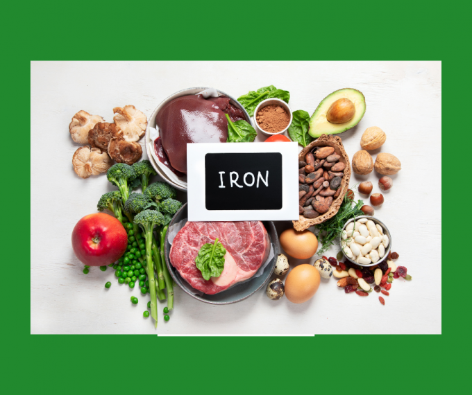 image of various iron rich foods including, meat, broccoli, legumes, eggs 